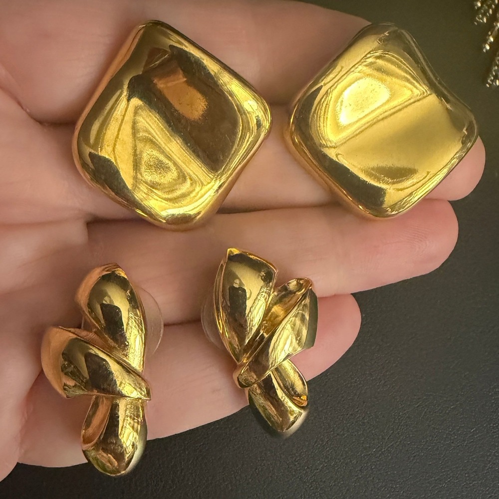 Vintage Earrings Lot 80s Pop Glam Gold Tone Green - Picture 2 of 6
